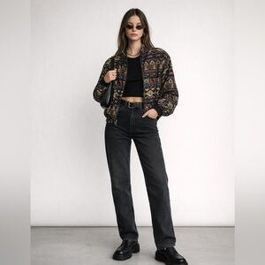 Vintage 90s black and brown pattern zip up bomber style jacket 100%silk. Small